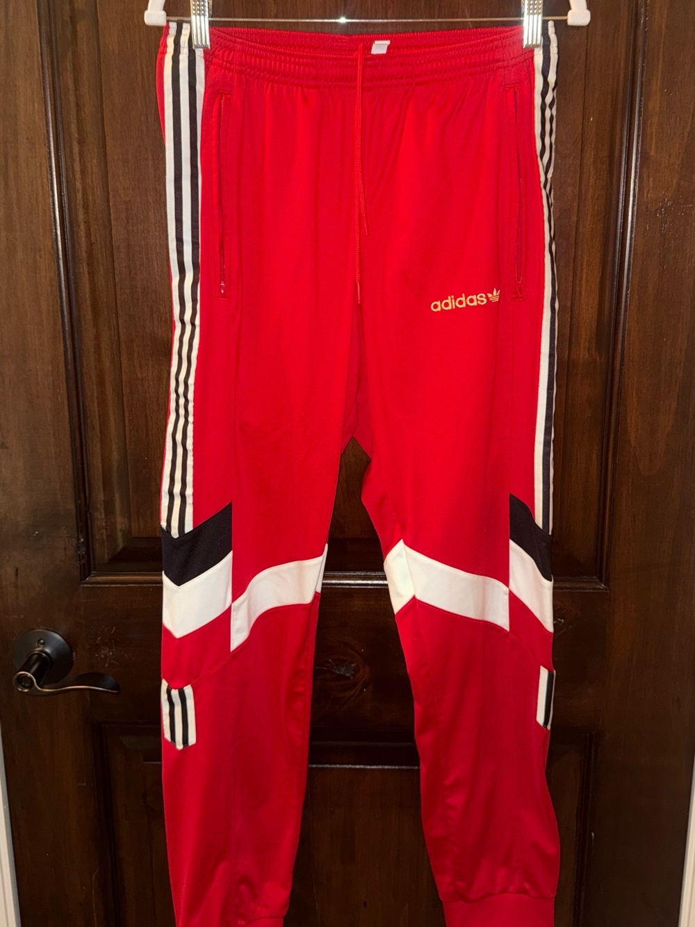 adidas Red Joggers with White & Black Stripe Details